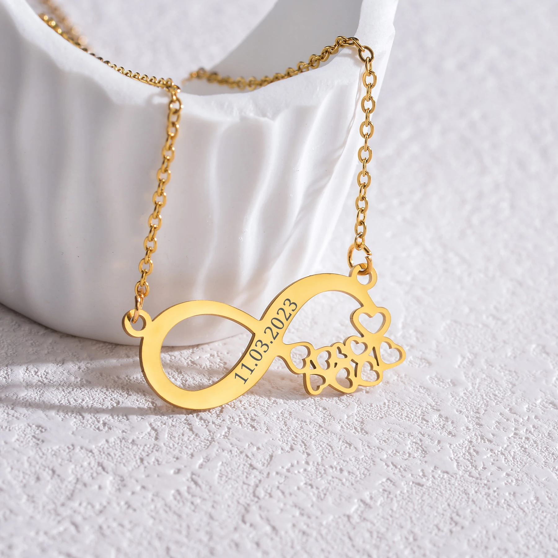 

Romantic Personalized Gold Color Infinity Symbol Stainless Steel Jewelry Engrave Date Necklace for Women Heart Choker Girl Gift