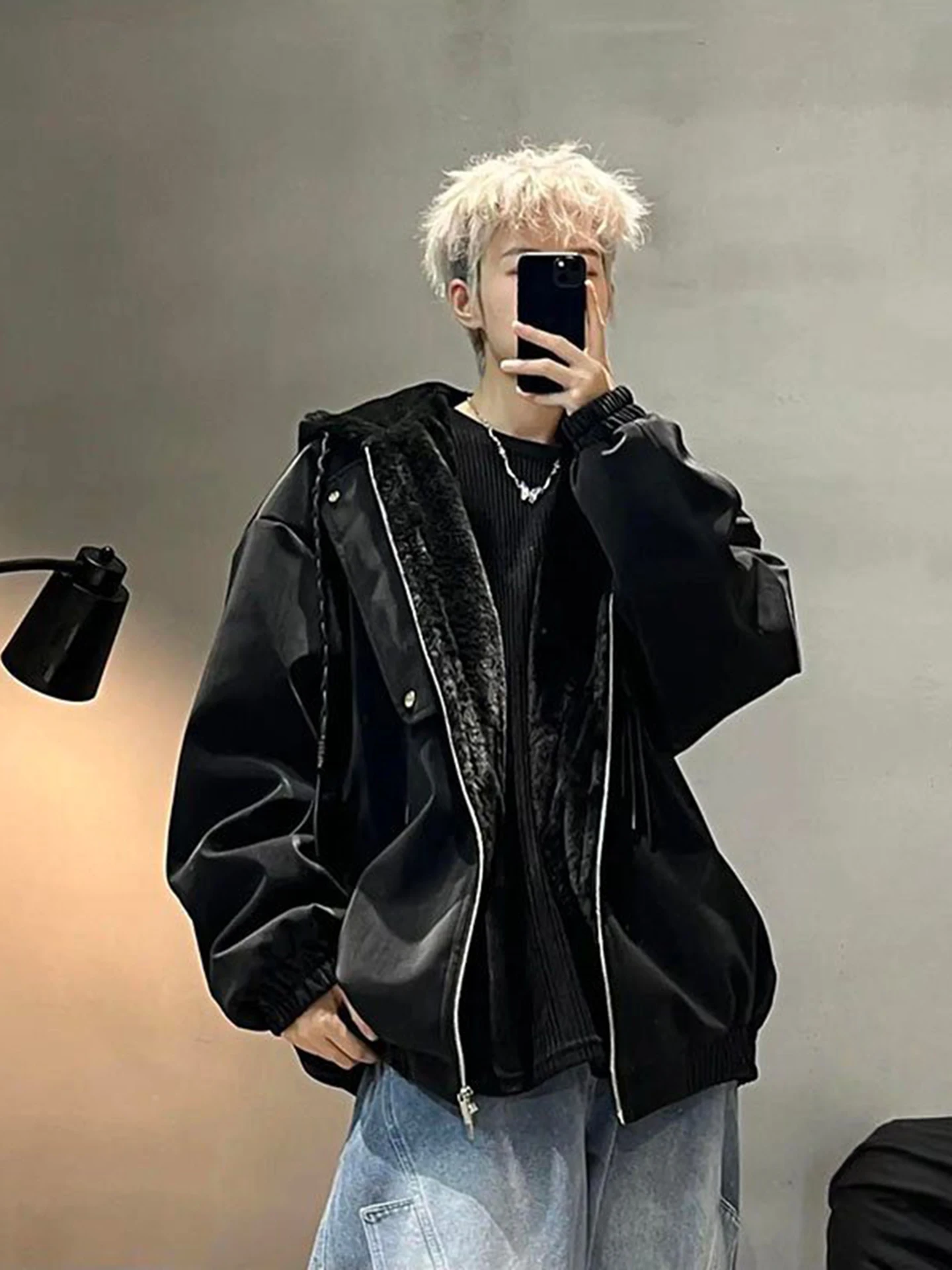 

Thiened Fce Lined Winter Jaet Men's PU Leather Biker Jaet Cotton Coat Warm Youth Casual Long Sve Zipper