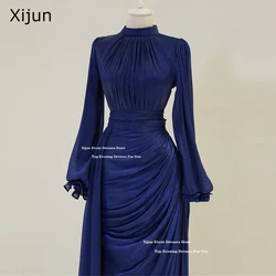 Xijun Modest Silk Satin Evening Dresses Muslim Long Sleeves Pleats Prom Dresses Dubai High Collar Formal Prom Gowns Customized