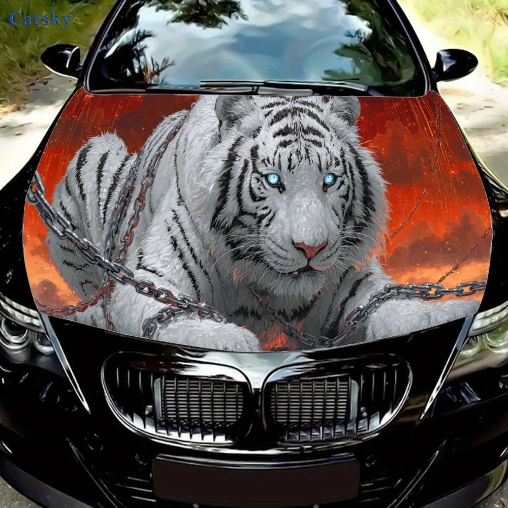 

Fiery - Glow White Tiger Print car hood stickers, waterproof self-adhesive, scratch resistant, easy to stick, durable car PVC st
