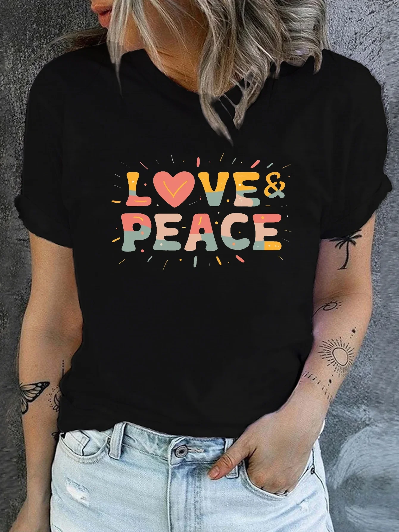 

Peace & Love Print Crew Neck T-shirt, Casual Short Sleeve Top For Spring & Summer, Women's Clothing aesthetic