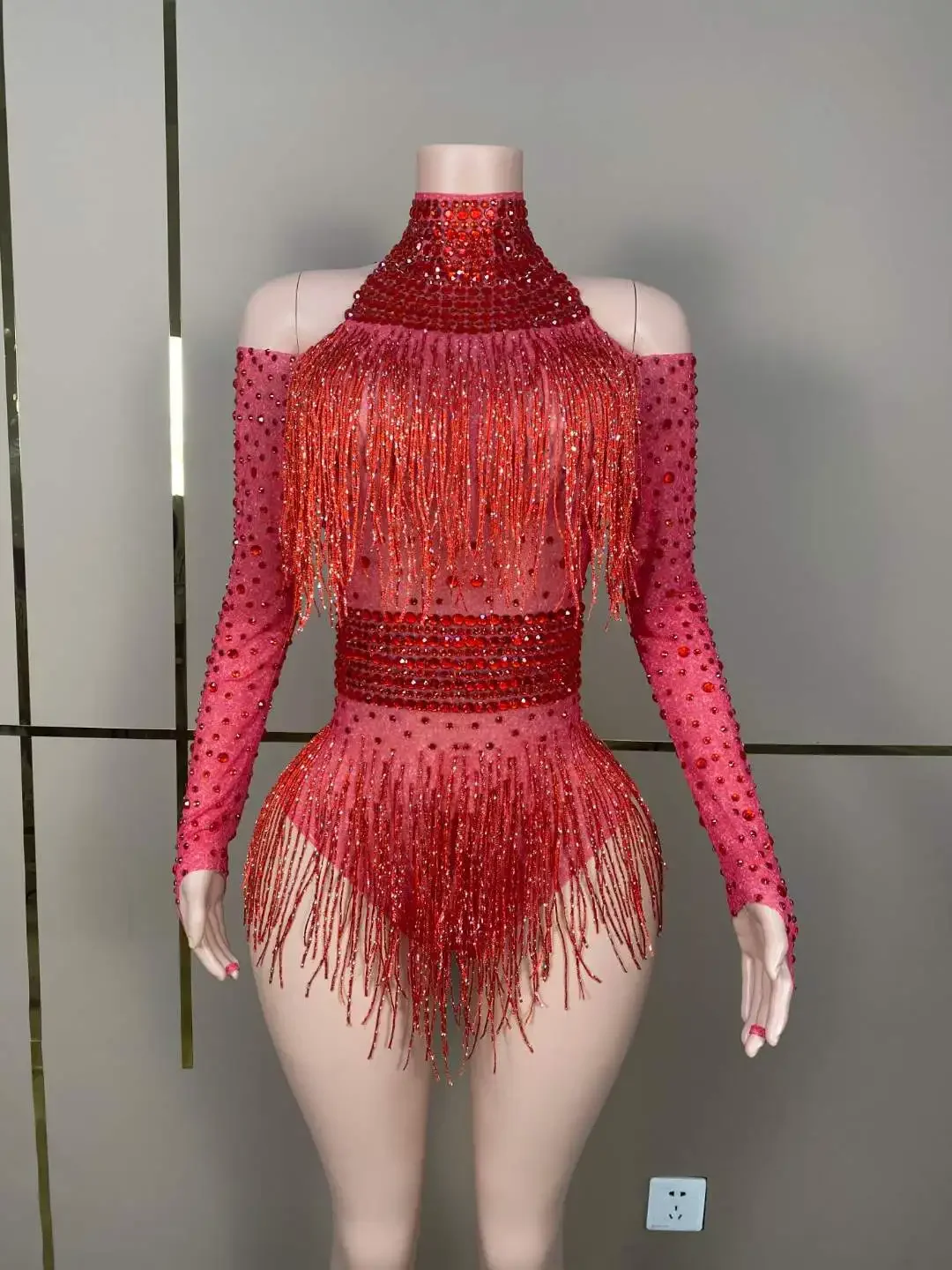 Red Tassels Women Rhinestone Bodysuits Stretch Dance Leotard Costume Clubwear Carnival Rave Festival Cheerleading Stage Wear