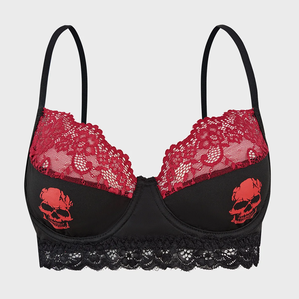 

Sexy Printing Unlined Bra Underwire Lace Edge Bras No Pad Black Red Skull Lingerie Breathable Women Bralette Ladies Intimates