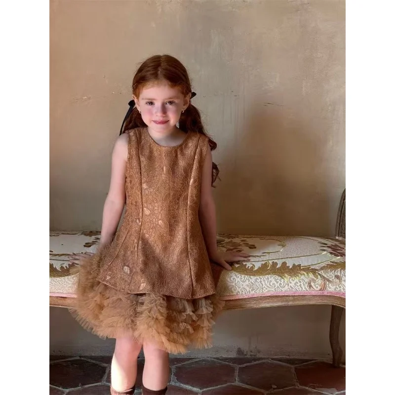 Dress 2025 Spring and Summer New Solid Color Fashion Style Sleeveless Lace Puff Dress Kids Clothes Girls