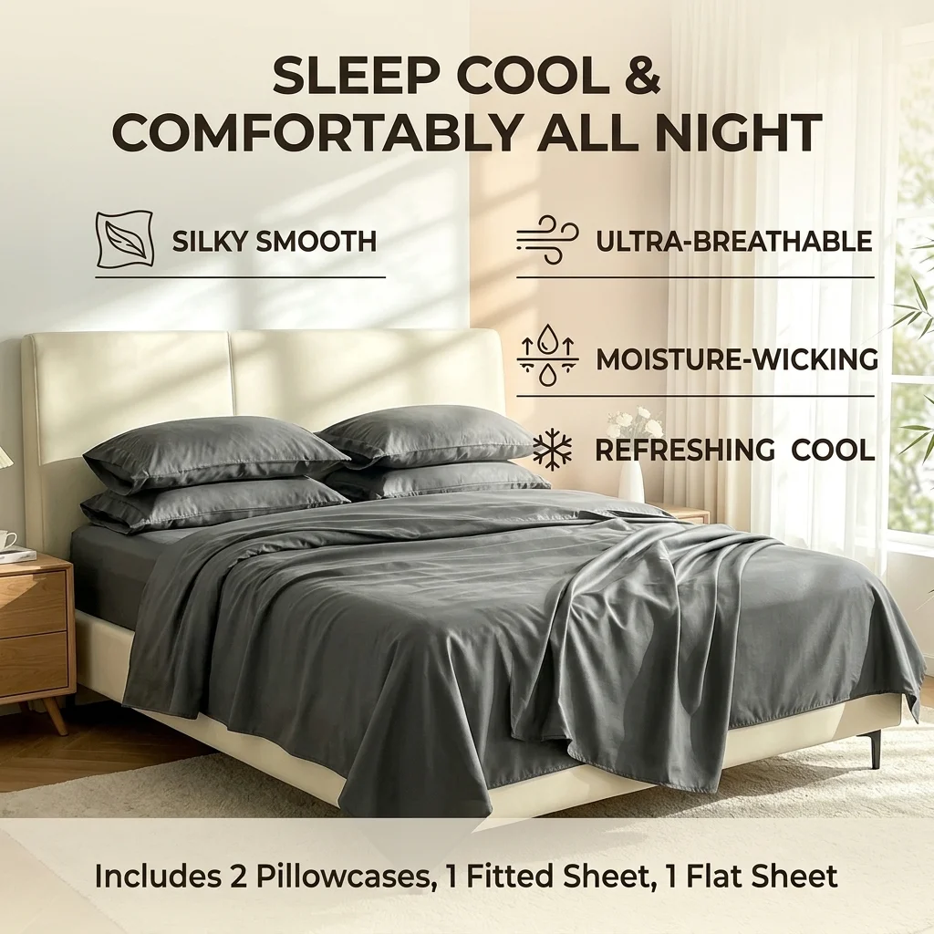 4‑Pieces Bamboo Cooling Sheet Set Dark Grey, Silky Soft Cooling Bedding Set, Moisture‑Wicking Breathable Anti‑Sweat Bed Sheets for Hot Sleepers, Deep Pocket, Wrinkle Resistant Skin‑Friendly All Season Bed Linens, Single Double Size