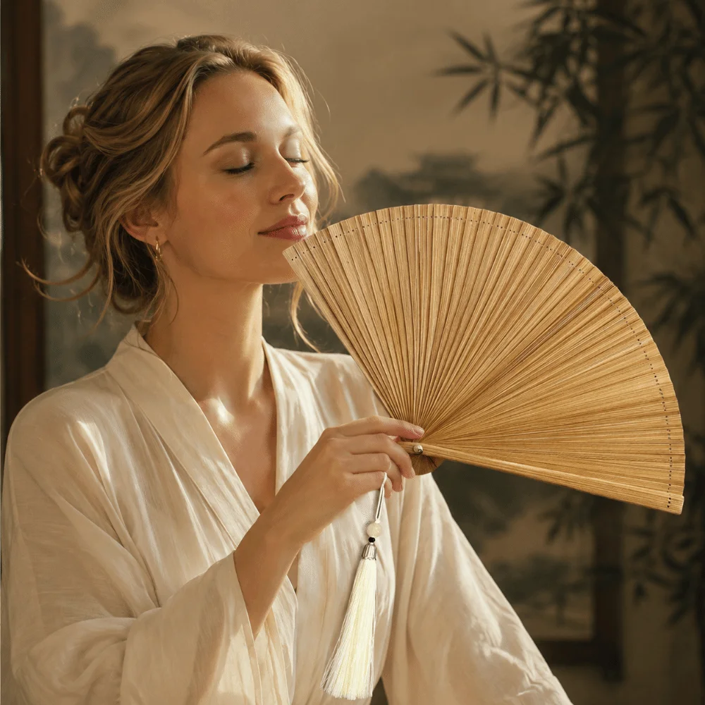 Chinese Style Folding Bamboo Fan Portable Solid Color Tassel Folding Fan Classical Exquisite Women's Folding Fan