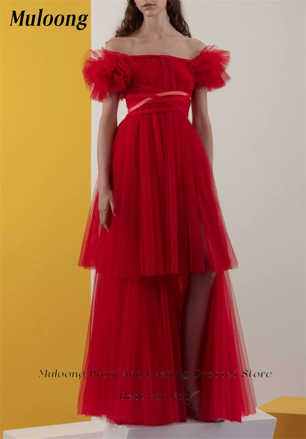 Muloong Red Boat Neck A Line Midi Dress Ruffles Sleeves Floor Length Special Event Dress Tiered Left Slit Evening Dress