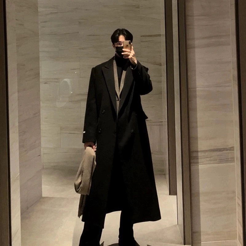 Men's Double-breasted Trench Coat Autumn Winter Casual Long Windbreaker Male Solid Color Trench Coat Luxury Outerwear Overcoat