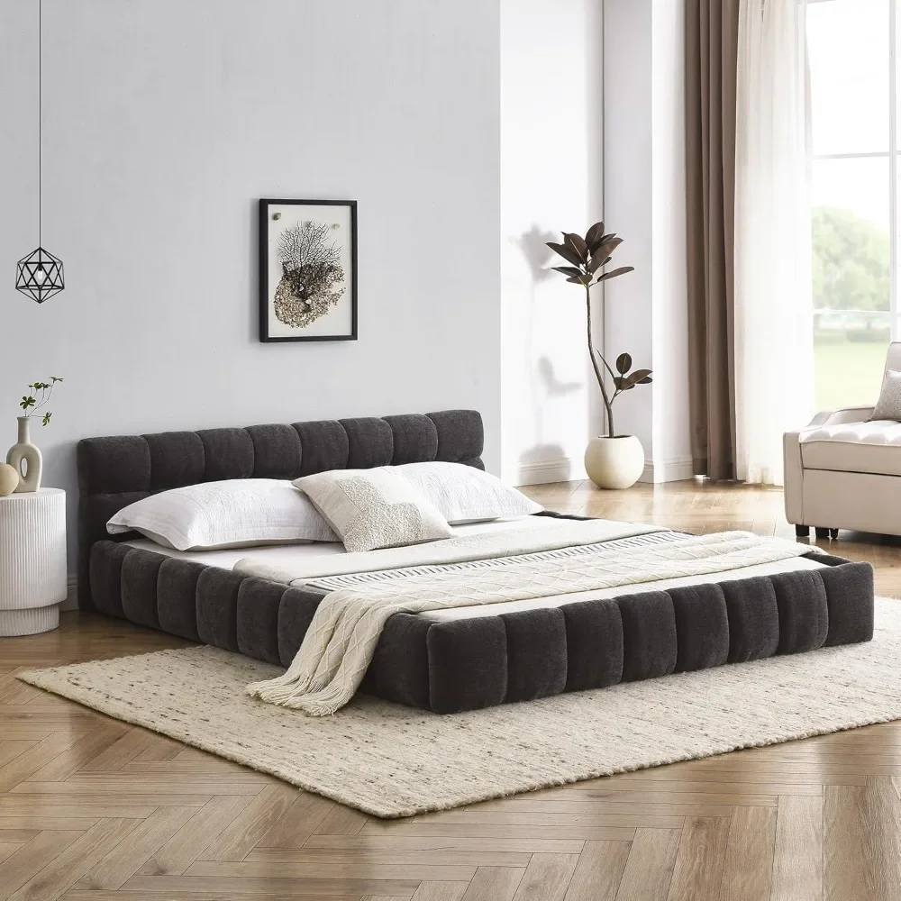 Bed Bases, Chenille Upholstered Platform Bed with Cloud Soft Headboard, Grounded Upholstered Wood Base Bed Frame,Bed Bases