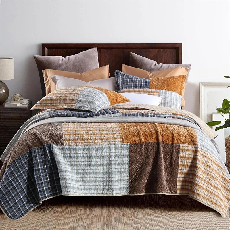 American Style Patchwork Quilts 3 Pieces Bedding Set AB Side 100% Cotton&Flannel Fleece Coverlet Pillowcase Hand Make Bedspread