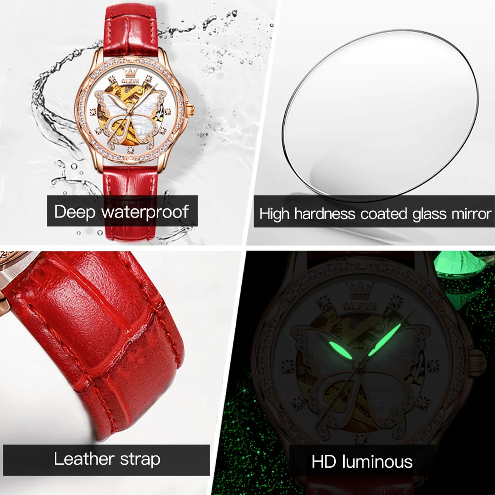 Women's OLEVS 6622 Mechanical Watch with Butterfly Skeleton Dial