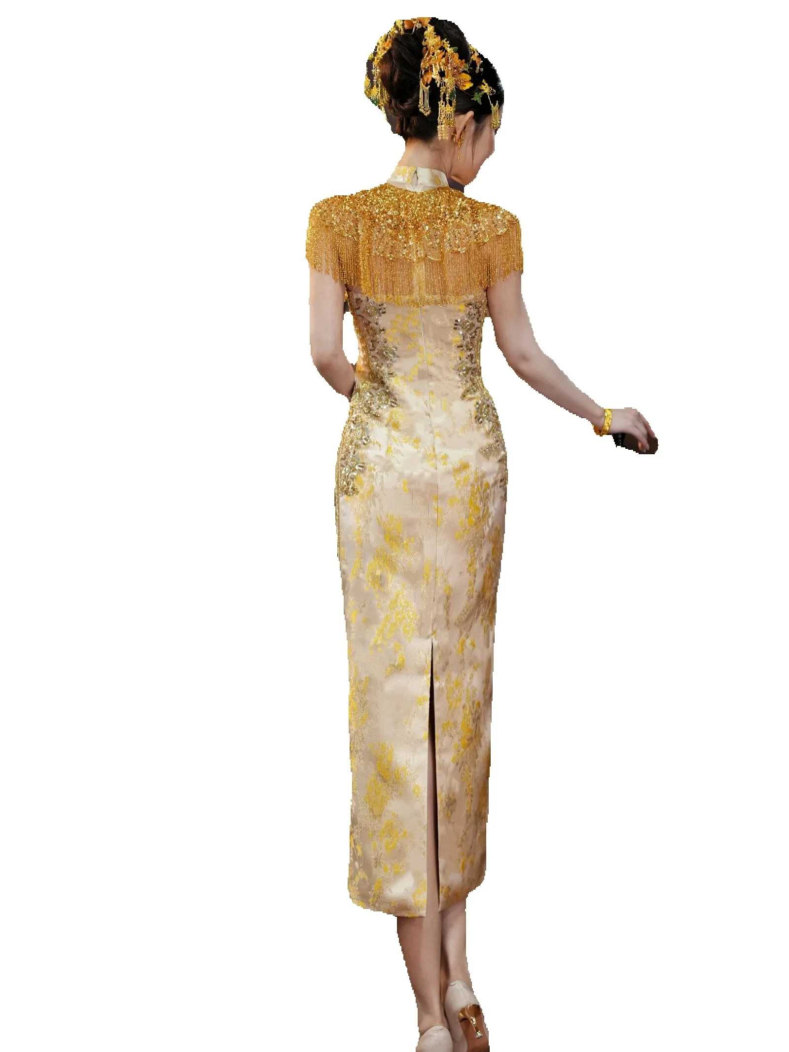 Oriental Champagne Gold Attire Engagement Garment Xiuhe Costume Chinese Bridal Banquet Wedding Cheongsam Classic Dress TP114