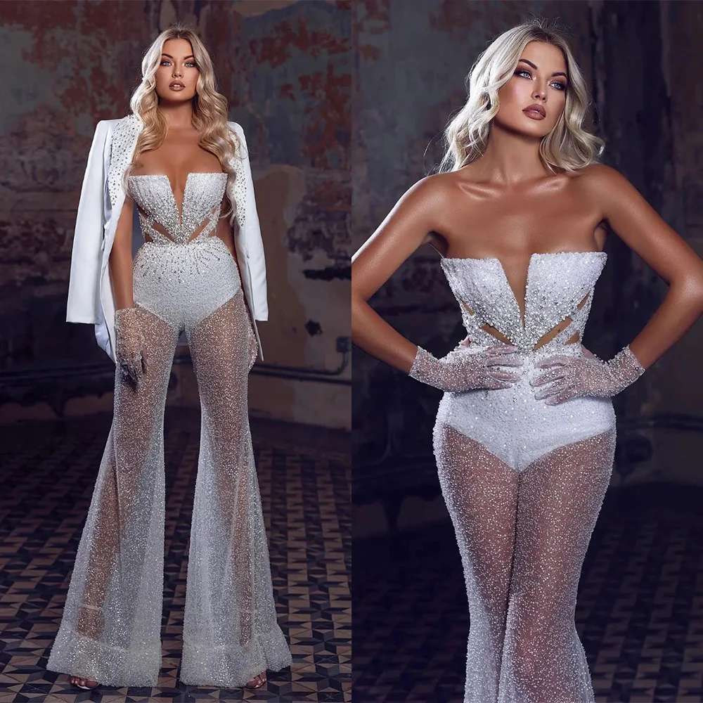 2 Pcs Glamorous Evening Dresses Blazer Jumpsuit Prom Gowns Custom Made Sequins Beaded Off Shoulder Party Dresses