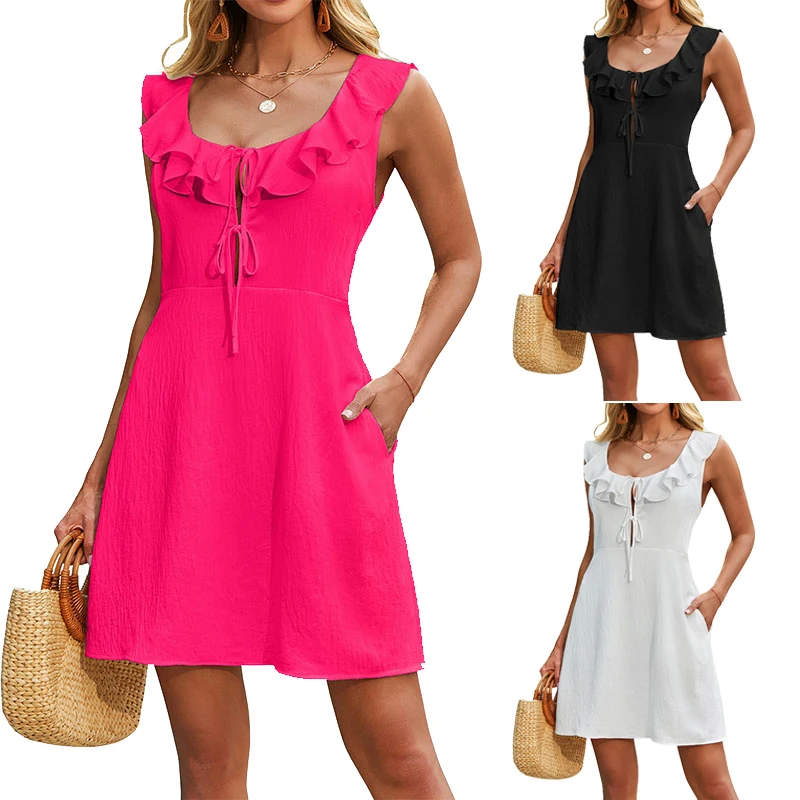 

Casual Hollow Out Laceup Chiffon Short Dress for Women Beach Vacation Sleeveless Swimwear Elastic Waist Backless Coverup Dress