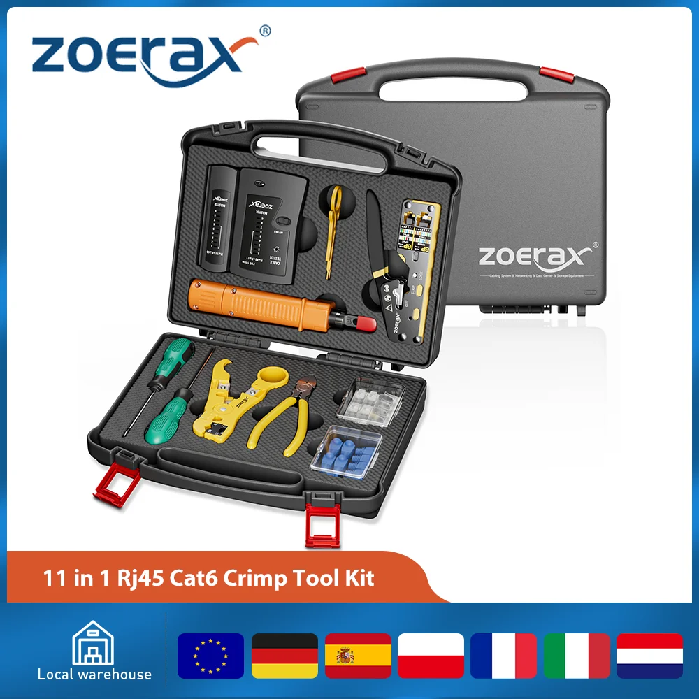 

ZoeRax RJ45 CAT6 Crimp Tool kit Network Tool Kit Pass Through Crimper RJ45 Crimping Tool Cable Tester Punch Down Tool Stripper