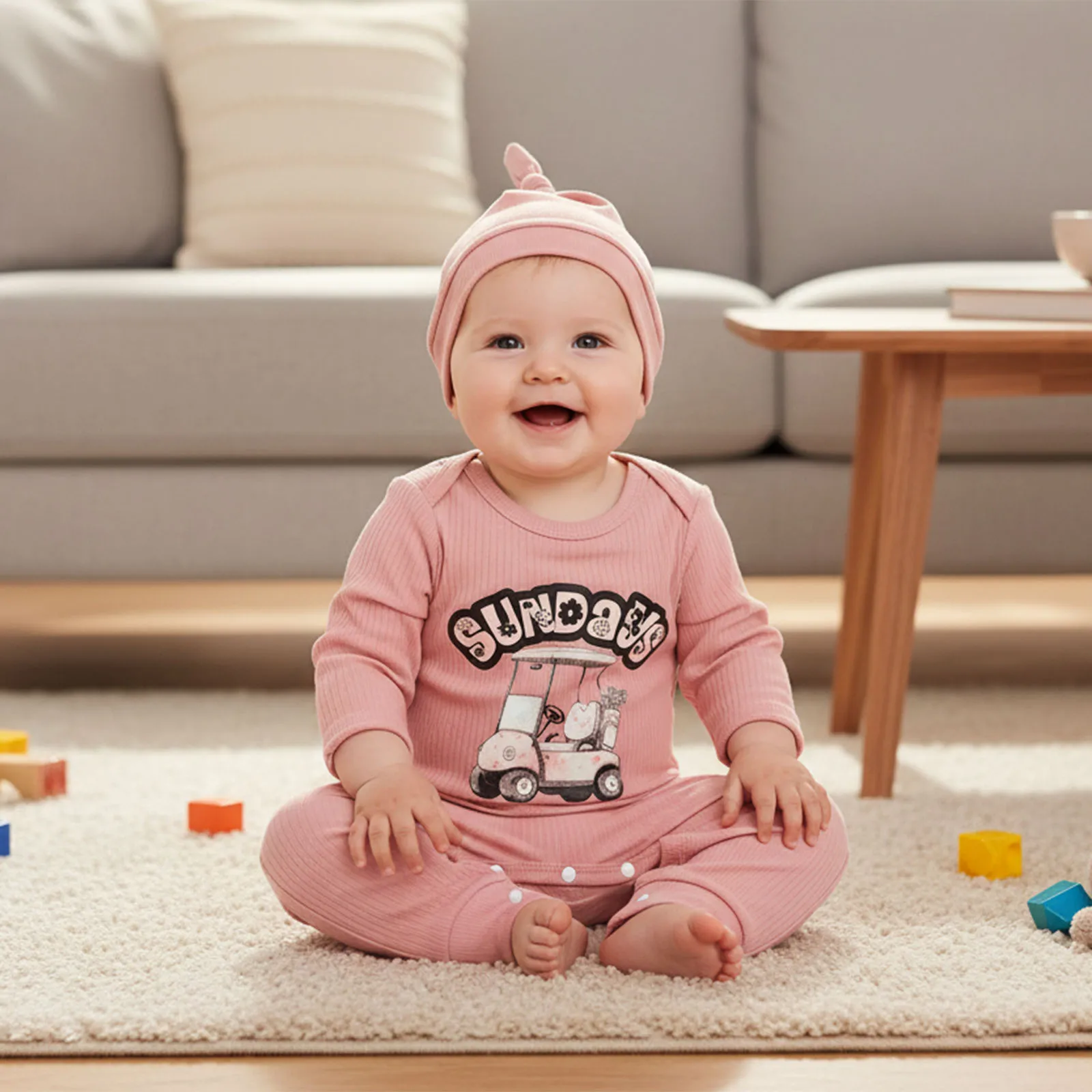 

Baby Girl Spring Fall Outfits Golf Cart Print Ribbed Crew Neck Long Sleeve Romper and Cap 2 Pcs Set