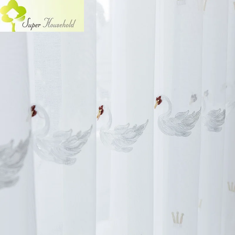 Pastoral Mesh Fabric Swan Embroidered Tulle Curtains for Girl Kids Bedroom Living Room White Sheer Window Screens Kitchen