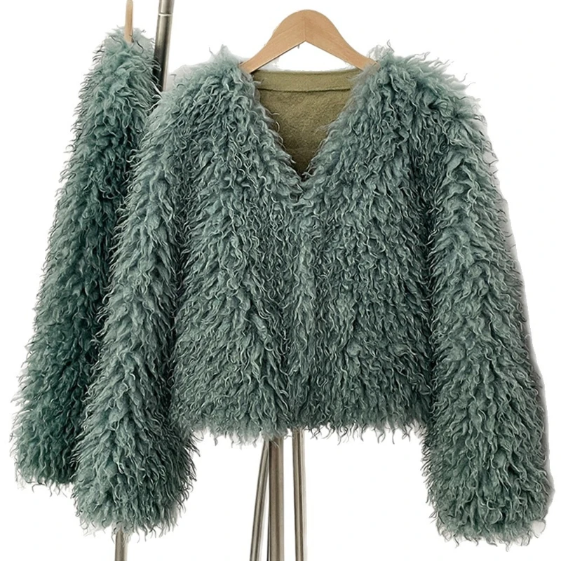 Women Faux Fur Short Coats Jackets V Neck Coat Thick Warm Y2k Streetwear Jacket Work Outerwear Casual Autumn Winter 2025