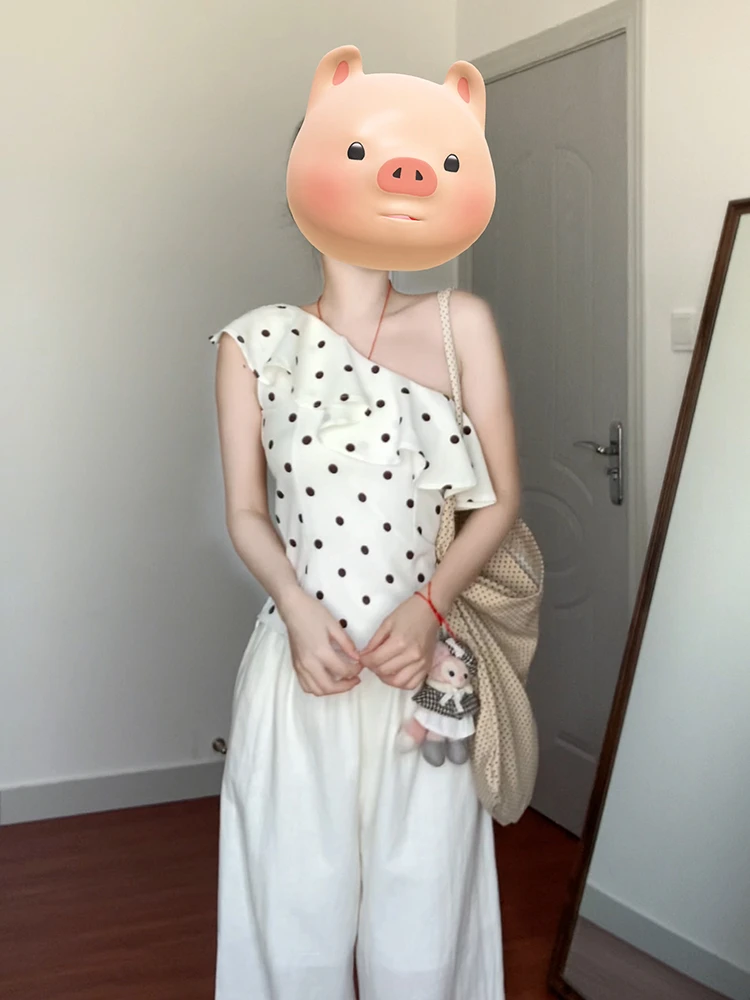 

Летняя женская асимметричная блузка в горошек на одно плечо, повседневная, из полиэстера, премиум-класса