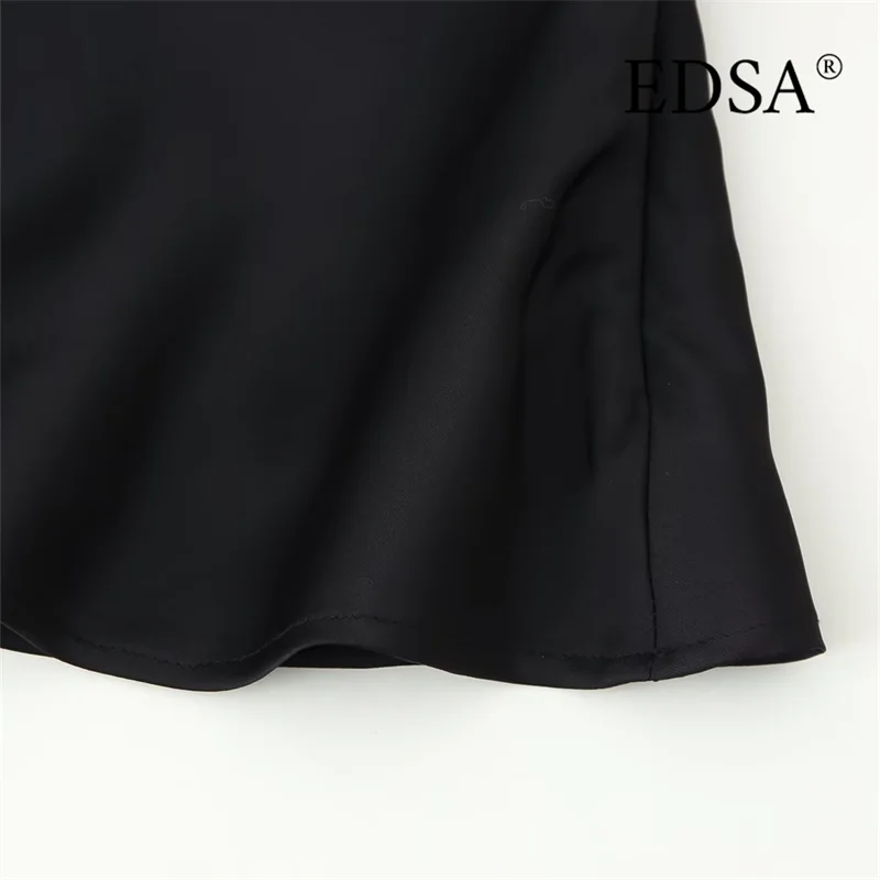 EDSA قميص قصير نسائي من الساتان الأسود مع أشرطة من الدانتيل وخط عنق على شكل قلب وسحاب جانبي لربيع وصيف بدون أكمام