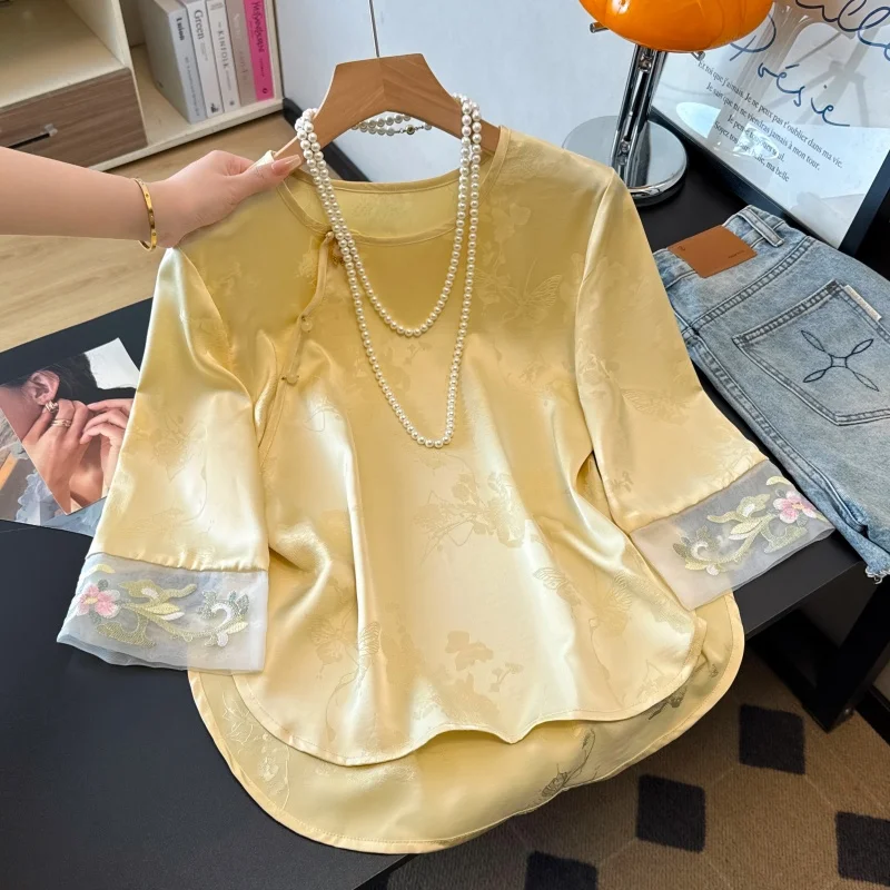 New Chinese Style Satin round Neck Embroidered Button Long Sleeve Hanfu Top Patchwork Asymmetrical Classical Fusion Design