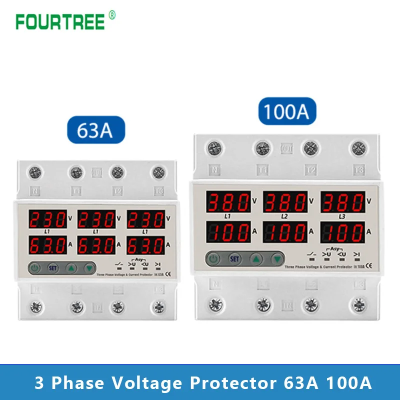 3 Phase 63A 100A Din Rail Voltmeter Ammeter Adjustable Over and Under Voltage Current Limit Protector Monitor Relays Protection