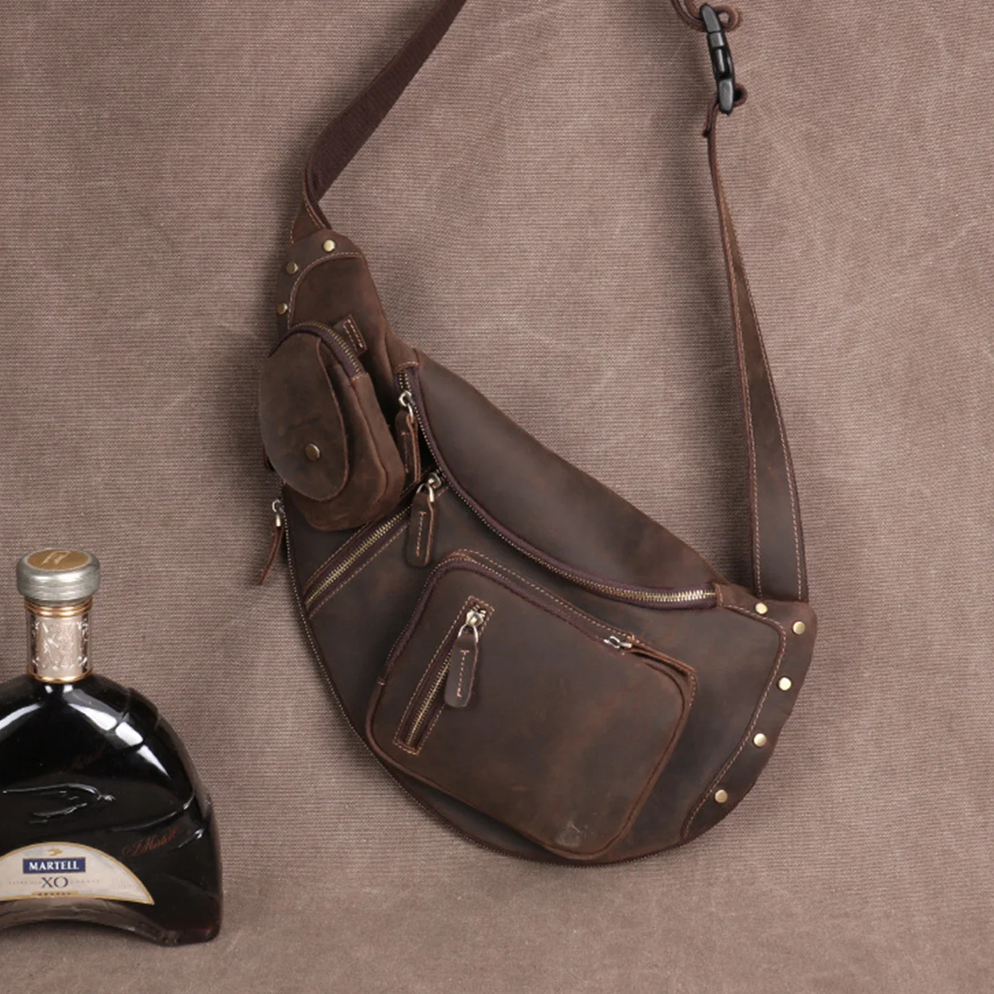 Men Crazy Horse Leather Sling Backpack Vintage Leather Sling Bag Large Triangle Leather Chest Pack with Multi Pockets High Qlty