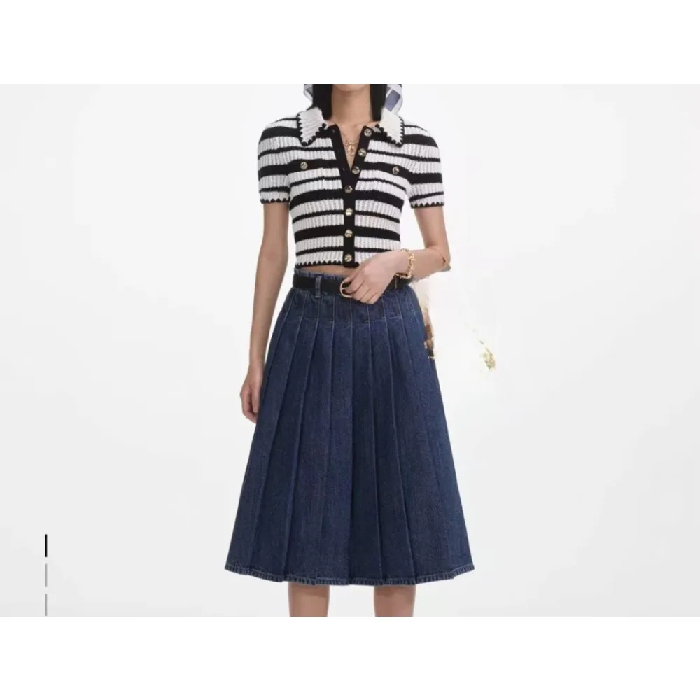 

White Short Sleeve Stripes Weaving Knit Blouse Tops and Navy Blue Midi Skirt Set 2025