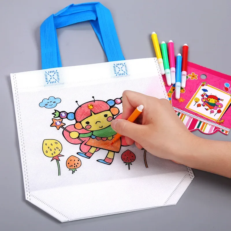 

20 Sets DIY Child Hand-painted Portable Unpainted Bag with Pen Graffiti Picture Blank Flower Toy Birthday Gift Halloween