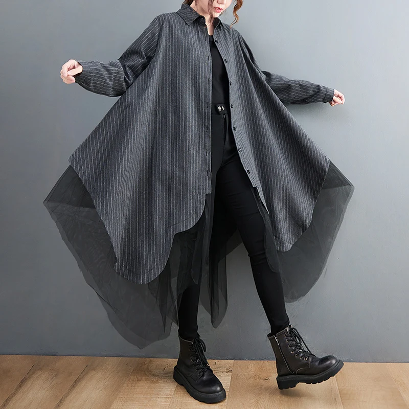 

plus Size Women's Loose Striped Me irt Autumn Faion Outerwear Collar Long Sve Cotton Blend Commute Sle