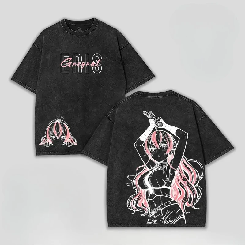 Vintage Washed Mushoku Tensei Eris Greyrat Double‑Sided Graphic Tee Unisex Oversized Anime Streetwear Short Sleeve T‑Shirt