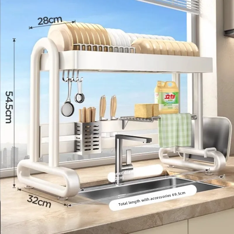 ‌ تجفيف الأطباق المثبت على الحوض شديد التحمل، حامل أواني قابل للتعديل، برج تخزين المطبخ المقاوم للصدأ، منظم أدوات المائدة القابل للطي