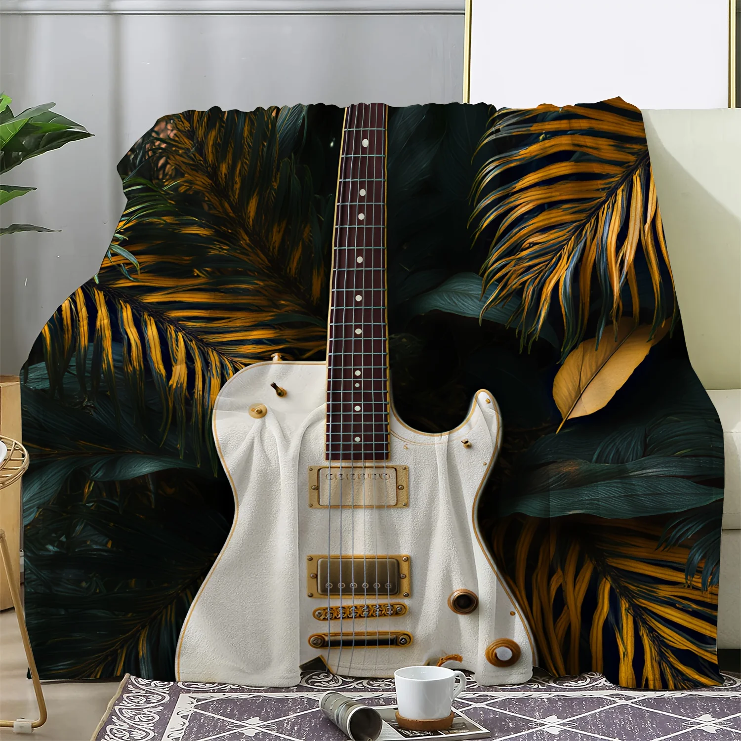 1pc Sdoo Flannel Throw Blanket - White Electric Guitar with Golden Accents, 2D Printed Design, Soft & Cozy, All-Season Use for