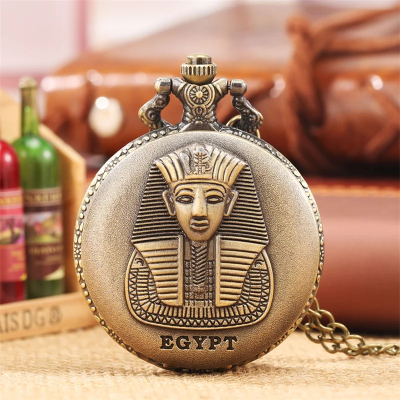 Ancient 3D Embossed Egypt Pocket Watch Antique Bronze Quartz Fob Watch with Sweater Chain Mystical Egyptian Souvenir Gift
