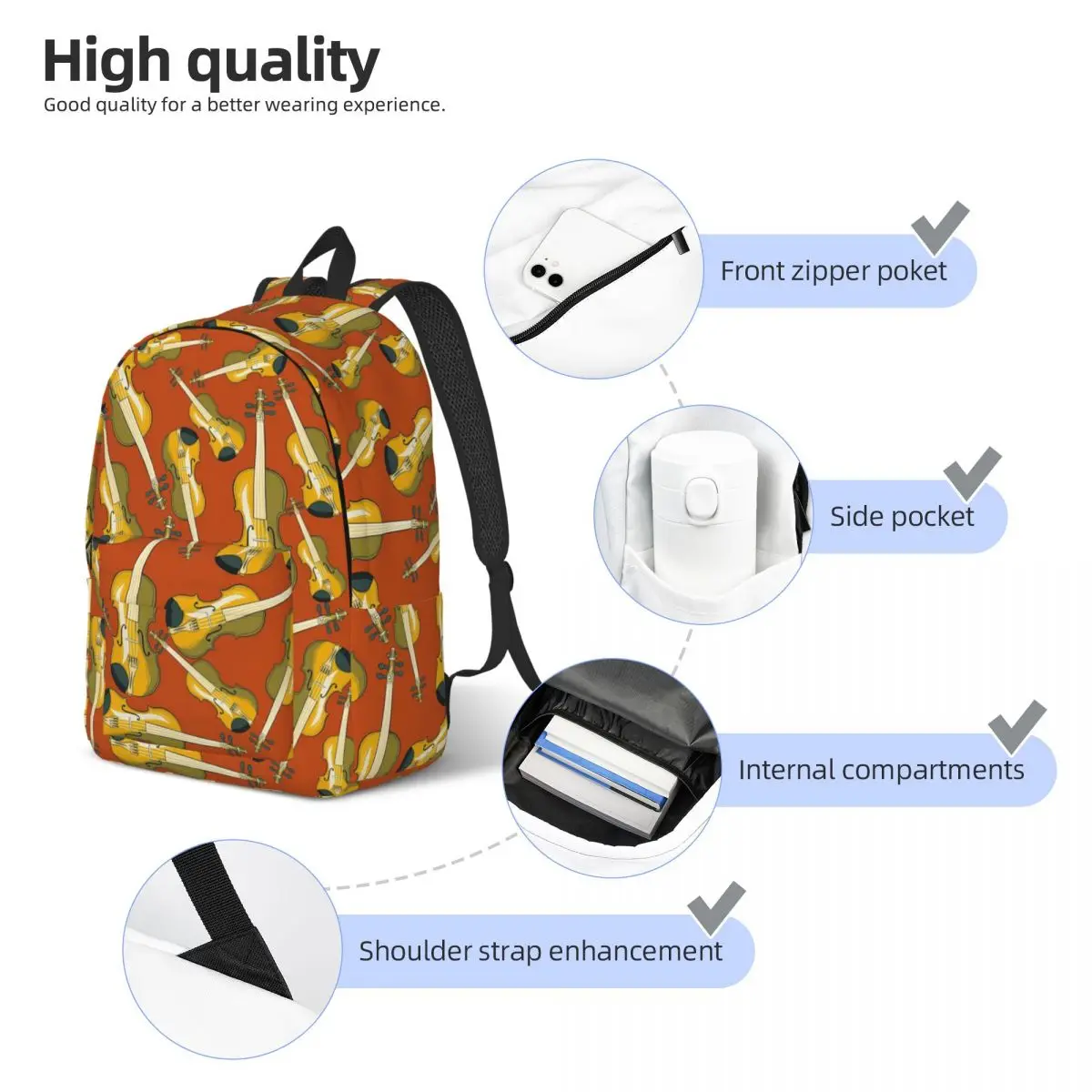 Violin Musical Instrument Pattern Orange Student Backpack School Bag Travel Daypack for Men Women Fashion Bookbag Shoulder Bags