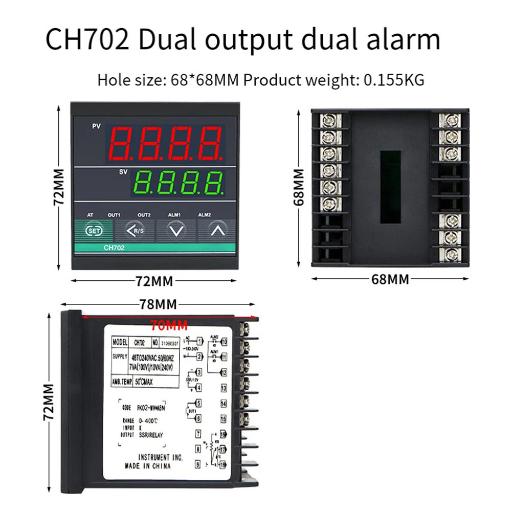 ترموستات ذكي CH702 مرحل/SSR 2 مخرج 2 إنذار PID التحكم في درجة الحرارة لآلات التشكيل ومجففات الأفران