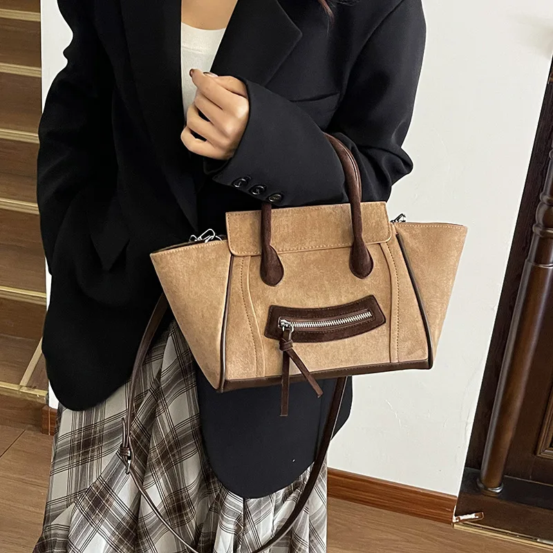 حقيبة يد مبتسمة على شكل جناح، حقيبة ذات سعة كبيرة من الجلد الناعم، حقيبة نسائية بسيطة من الجلد المخملي للتنقل للنساء #4