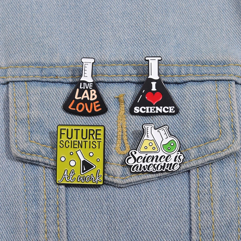 I Love Science Enamel Pins Future Scientist At Work Lab Chemical Instruments Flasks Brooch Lapel Badge Jewelry Gifts For Friends