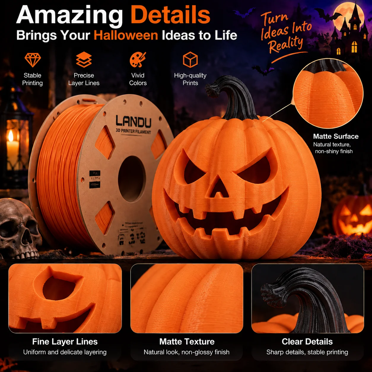LANDU PLA Pro 3D Printer Filament 1.75mm 1kg/Roll Neatly Wound High Toughness 3D Printing Material For Halloween Model Printing