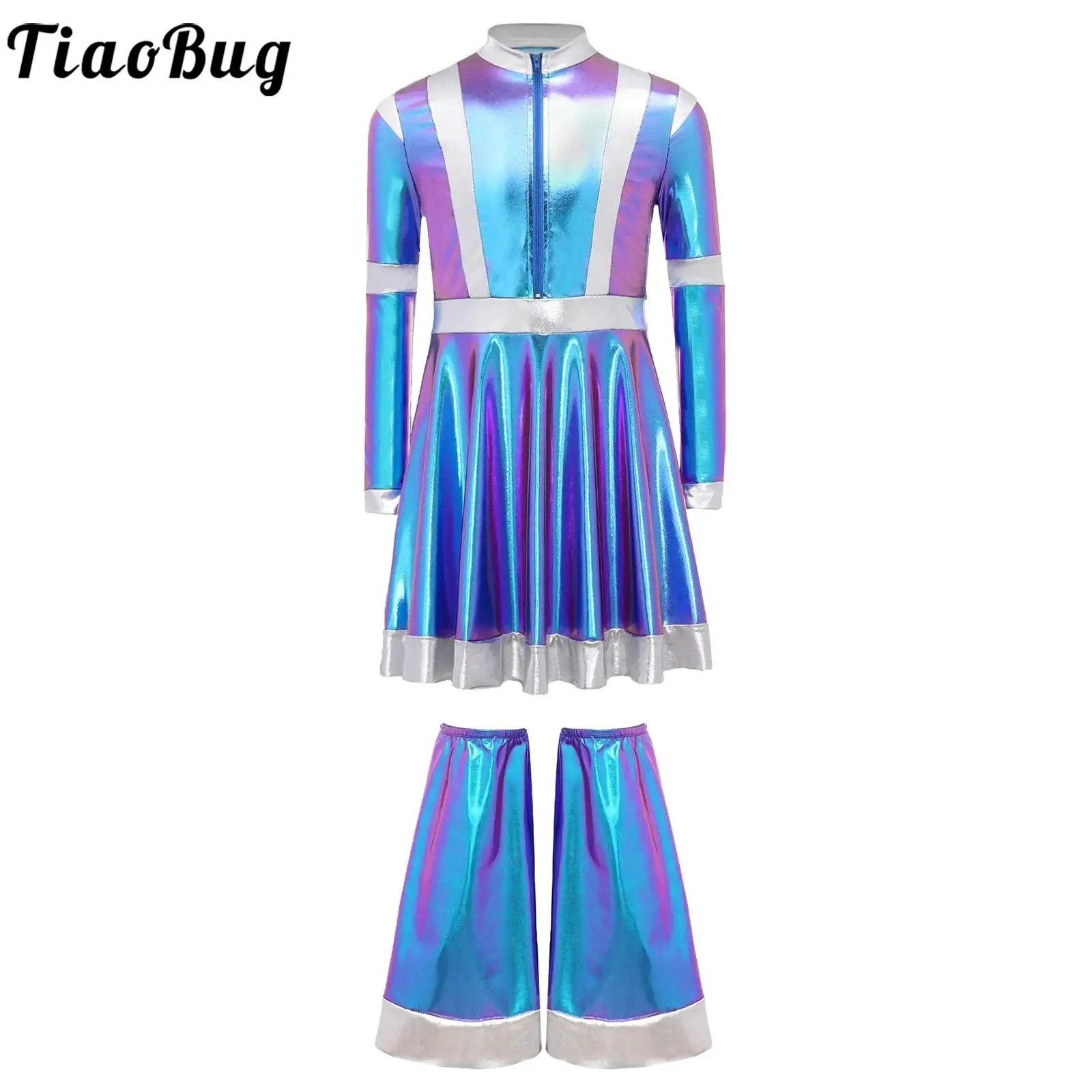 

Girls Alien Robot Astronaut Dress Up Costume Metallic Long Sleeve Shiny Halloween Cosplay Fancy Dress with Leg Covers Outfits