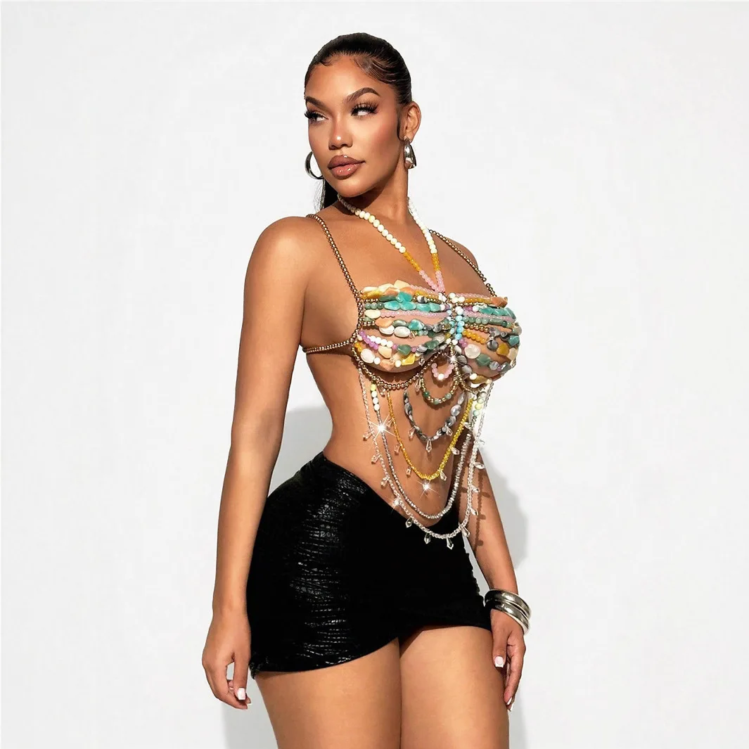 Hand-woven Multi-color Stone Beading Bra Chain Summer Bikini Crop Tops for Women Sexy Halter Tops  Camisole Party Body Jewelry