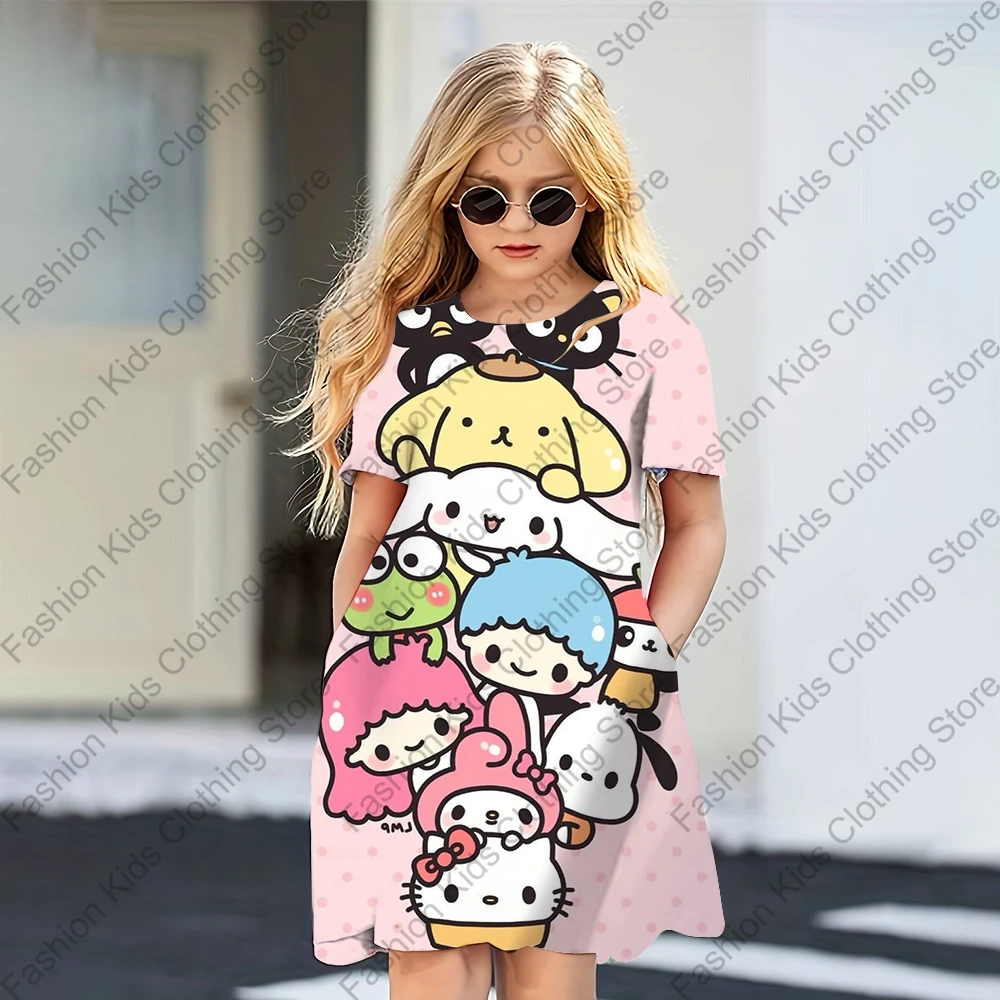 MINISO Summer Dress Fashion Cartoon Hello Kitty & Friends stampato abiti da donna ragazze manica corta Princess Dress abbigliamento per ragazze