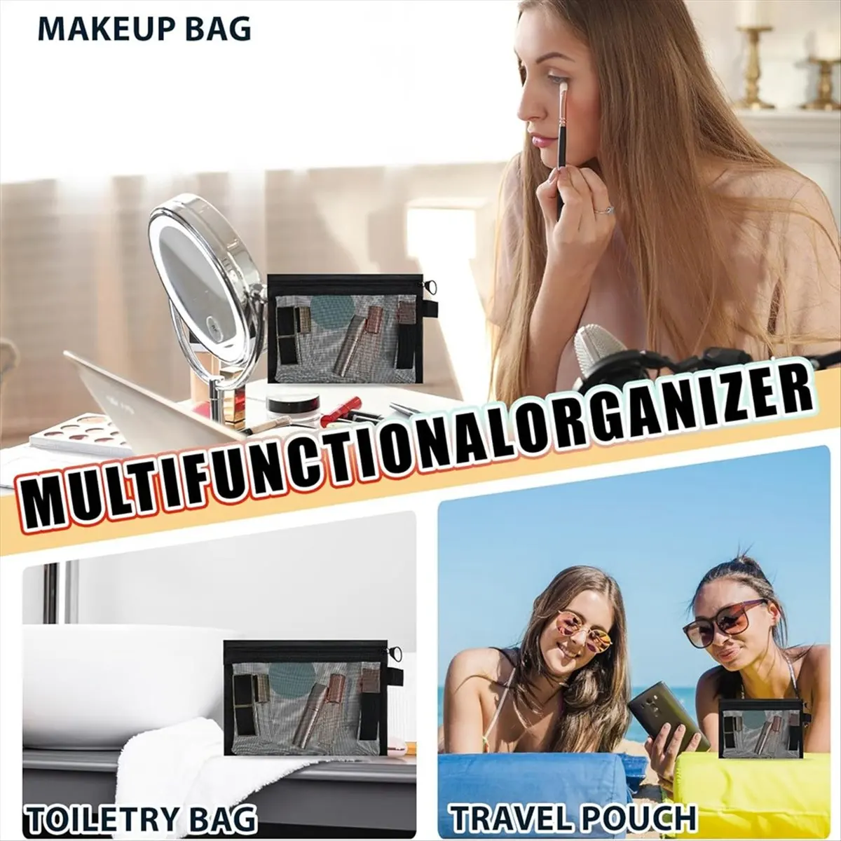 กระเป๋าซิปตาข่ายขนาดเล็ก ABQR 4 ชิ้น, กระเป๋าซิปตาข่าย, กระเป๋าซิปขนาดเล็ก, กระเป๋าซิปไนลอน, กระเป๋าเครื่องสำอางตาข่ายสำหรับใช้ในบ้านและสำนักงาน