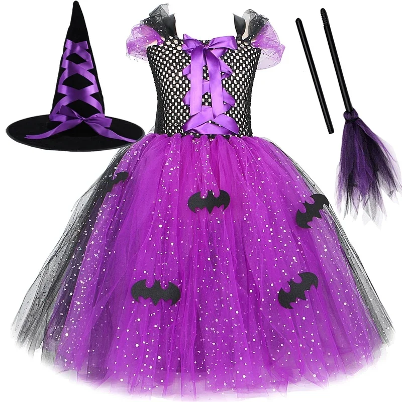 Costumes d'Halloween pour filles, robe longue tutu scintillante de sorcière, violette et noire, avec chapeau de balai, pour enfants, tenue de carnaval