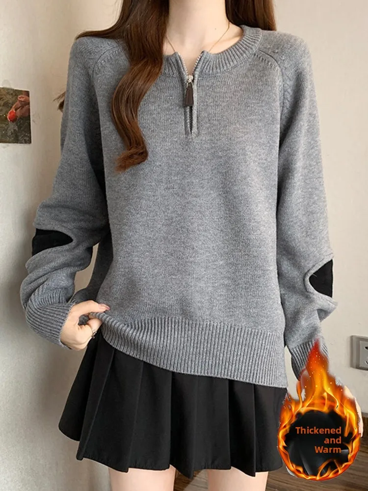 

Женский вязаный свитер с круглым вырезом, длинными рукавами, приталенный, с французским рукавом, теплый топ с воротником на молнии и вставками на плечах