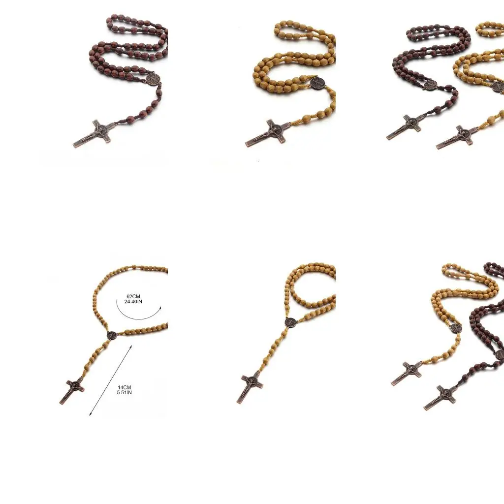 Hand-made Wooden Bead Necklaces Catholic Rosary Pendant Long Chain Jewelry