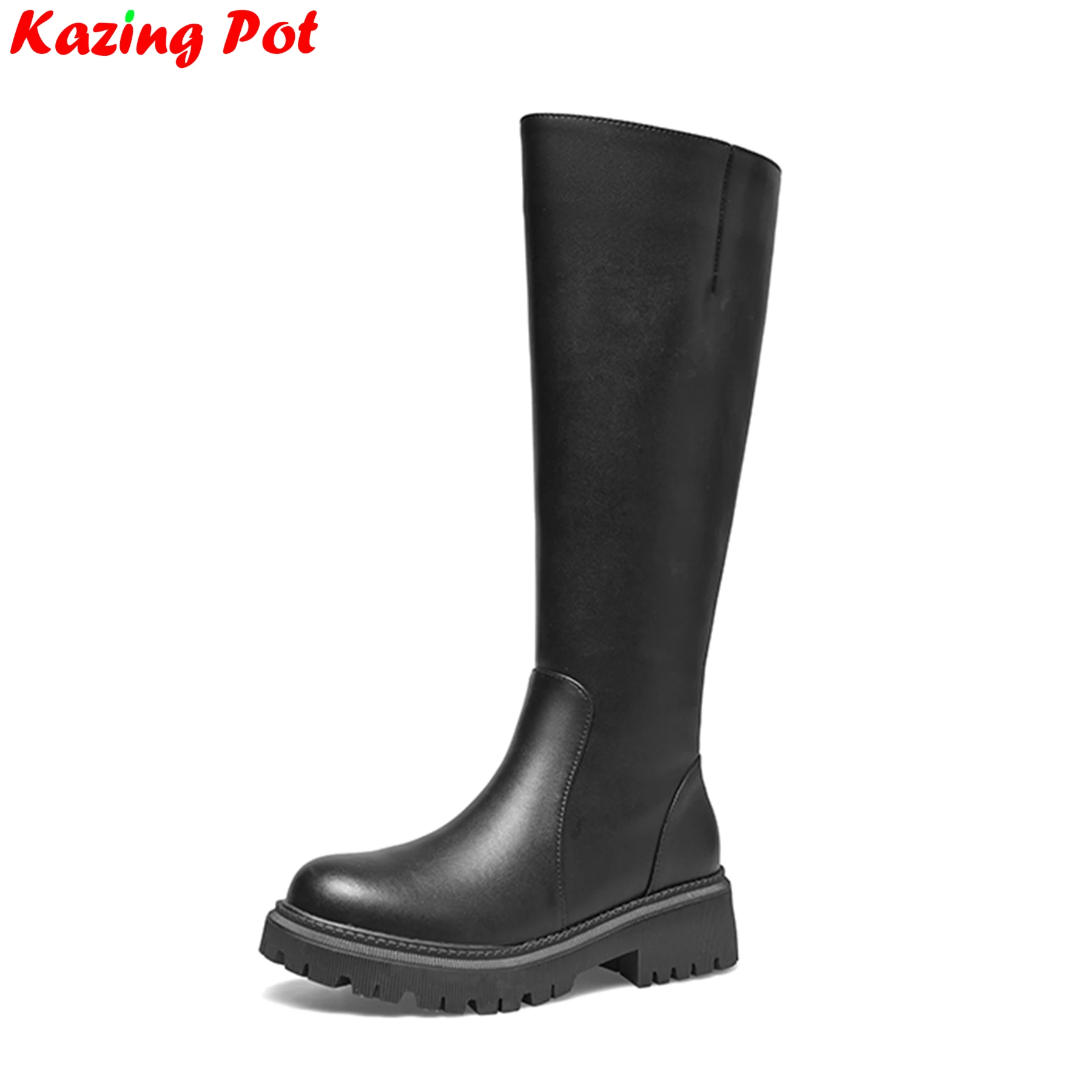 

Krazing Pot Plus Size 34-43 Cow Leather Chunky Med Heels Riding Long Boots Casual Platform Comfort Winter Women Thigh High Boots