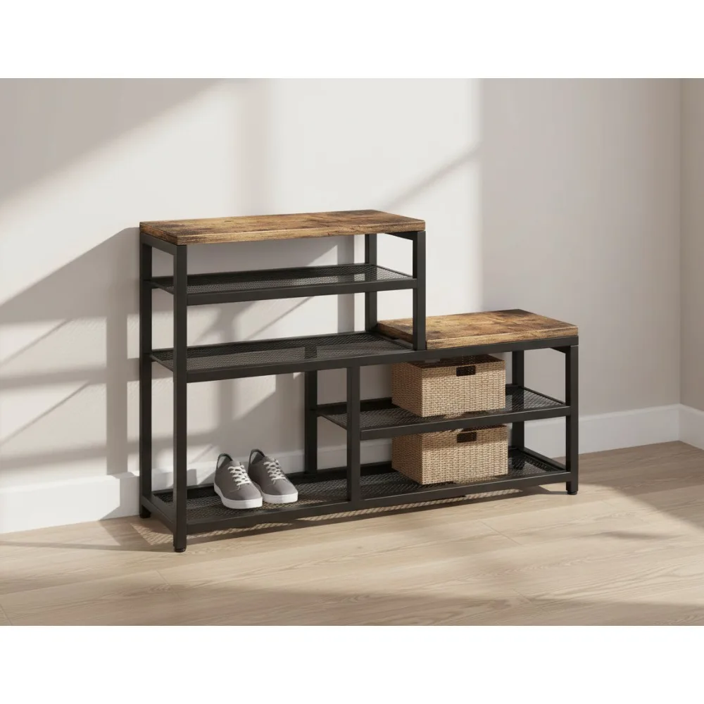 

5-Tier Industrial Shoe Rack Bench with Seat, Vintage Brown Storage Organizer for Entryway, Hallway & Closet