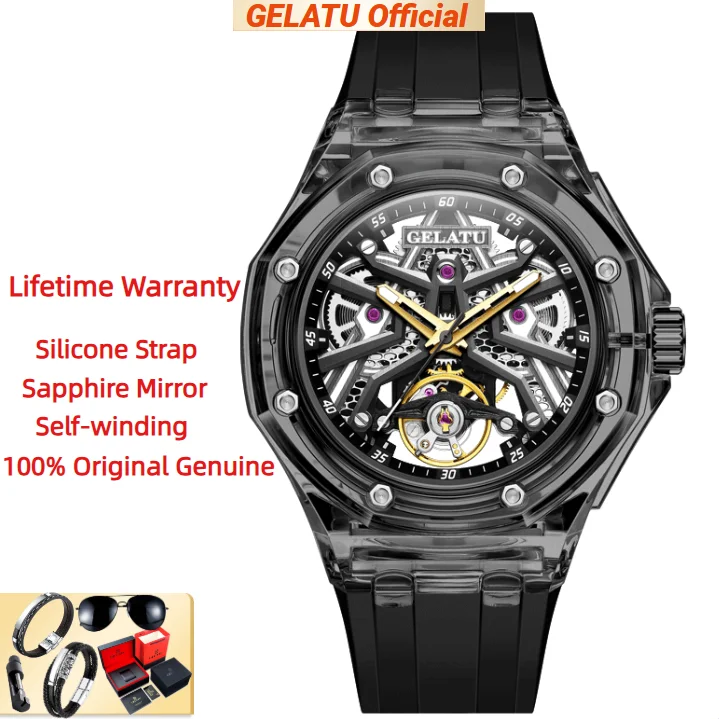 

GELATU Original Men's Watch Luxury Synthetic Sapphire Mirror Silicone Strap Waterproof Automatic Mechanical Watch for Men 8002