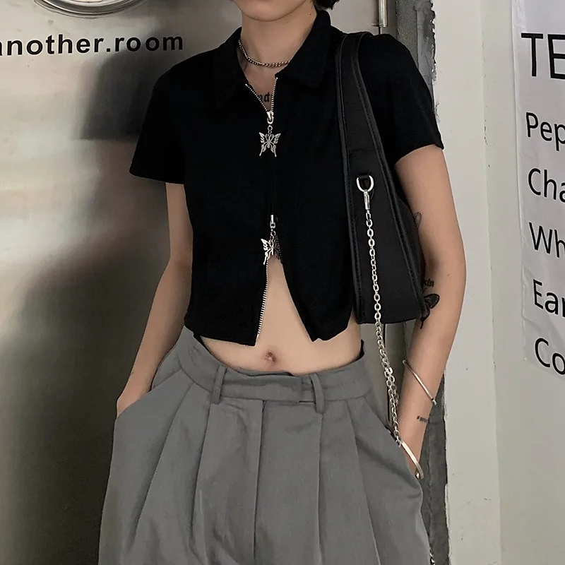 2024 New Niche Butterfly Zipper T-shirts Women Solid Color Short-sleeved Short Tops Korean Style High Street Casual Tees Female